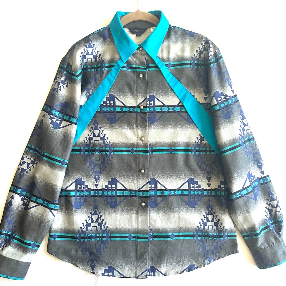Roper Vintage Western Shirt Womens Medium Teal Geometric Rodeo country Western